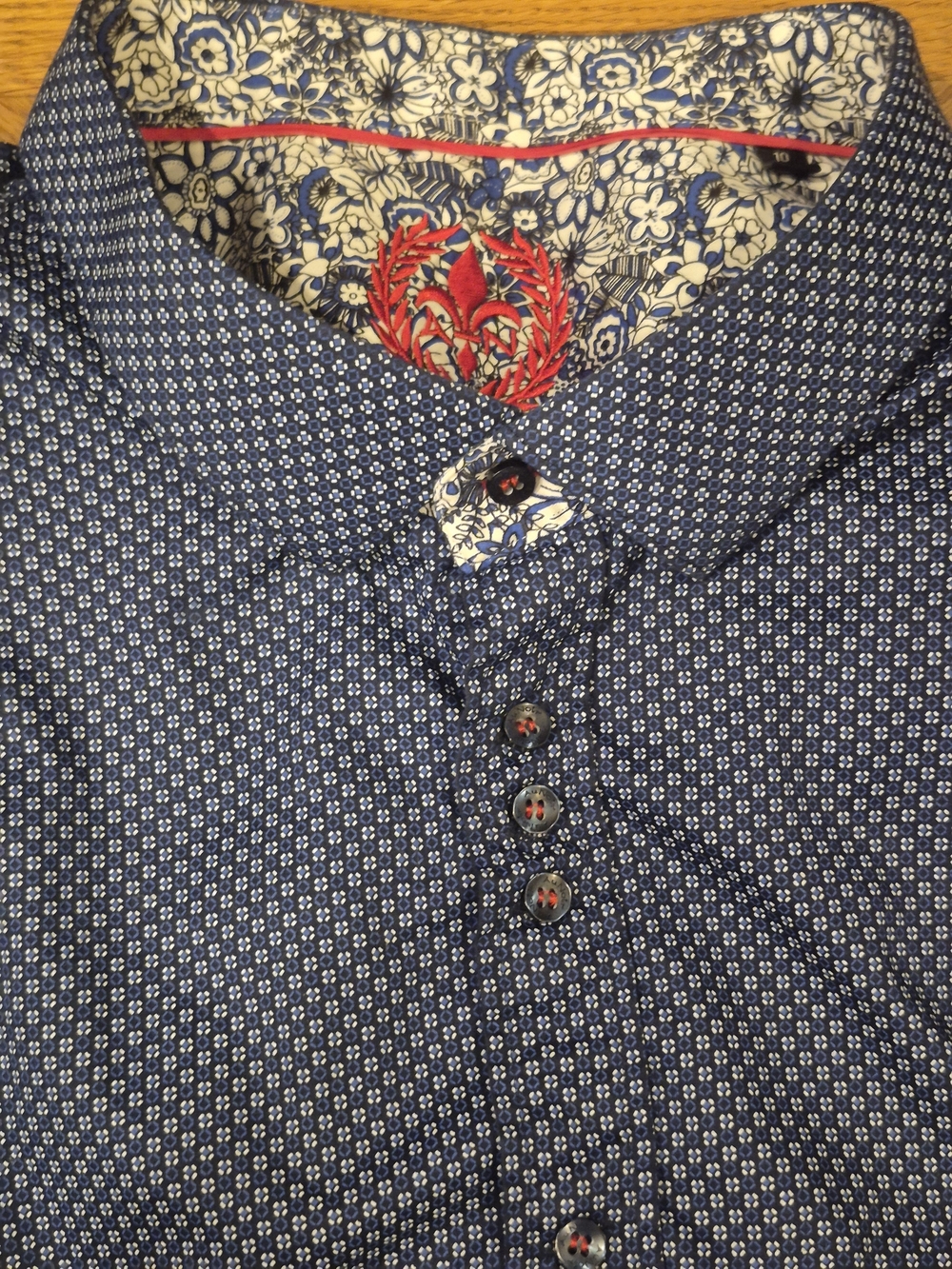 Au Noir Dress Shirt Men's Size‎ 10 Blue Print Contrast Trim Button Down EUC